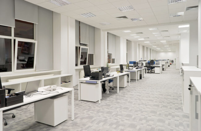 Large office interior, inside modern company building, job and w Modern office interior